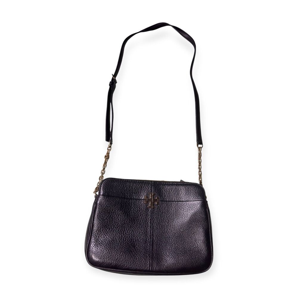 Tory Burch Pebbled Leather Black Crossbody Ivy w/‎ Gold Chain Accents